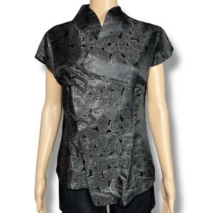 Laogudai Womens Blouse Top Chinese Traditional Satin Shirt Black Floral XXL